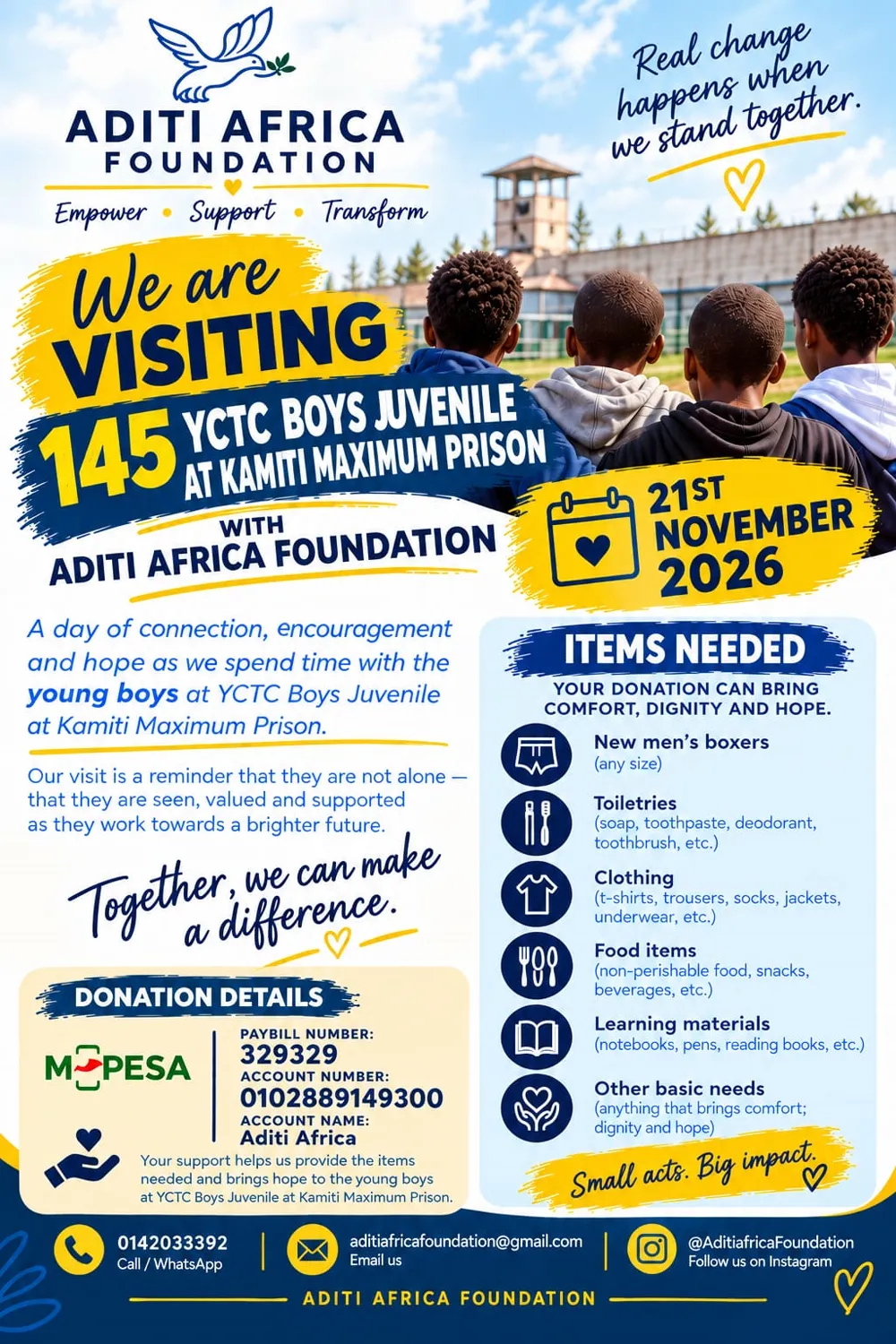 Event poster: ADITI Africa Foundation visiting 145 YCTC Boys Juvenile at Kamiti Maximum Prison on 21st November 2026
