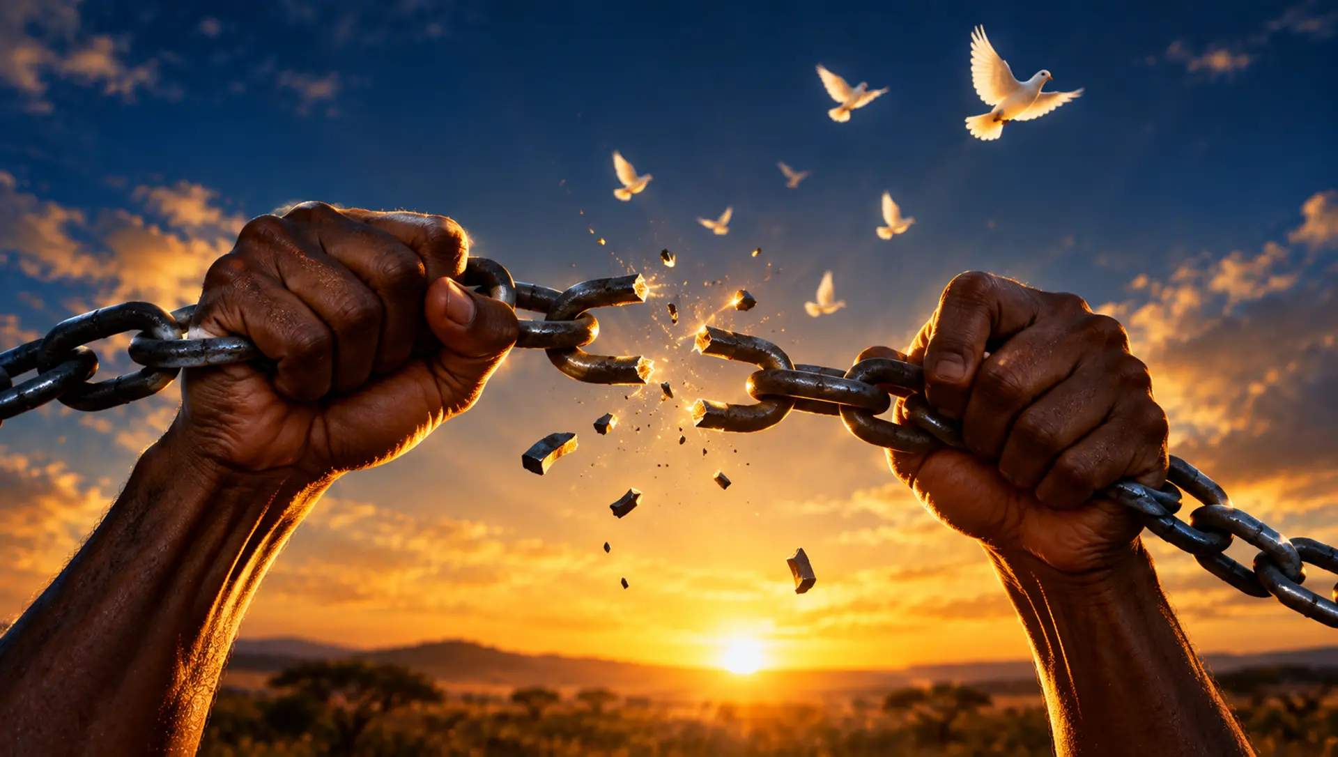 Hands breaking free from chains at sunrise — a symbol of freedom and second chances